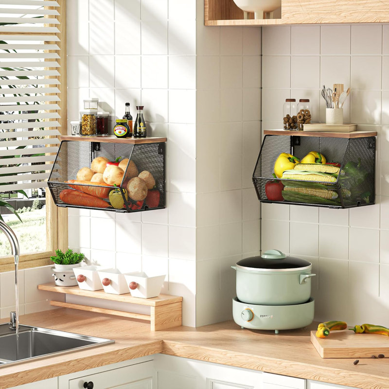 Paniers de rangement empilables et muraux en fil métallique avec couvercle en bois, organisateur polyvalent pour la cuisine