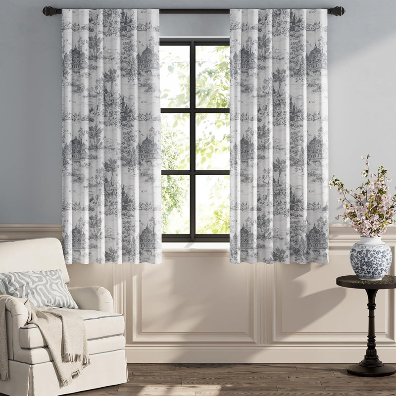 French Printed Castle French Printed Castle Toile Curtains, 50" W x 63" L, Light Gray