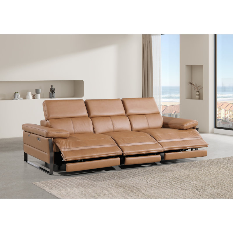 Top Grain Italian Leather Modular Power Triple Reclining Sofa With Power Headrests, Cognac