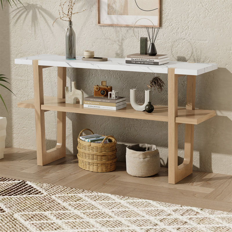 Narrow Console Table With Marble-Effect Top, Retro Entryway Table With Open Shelf, Sofa Table For Entryway, Hallway And Living Room