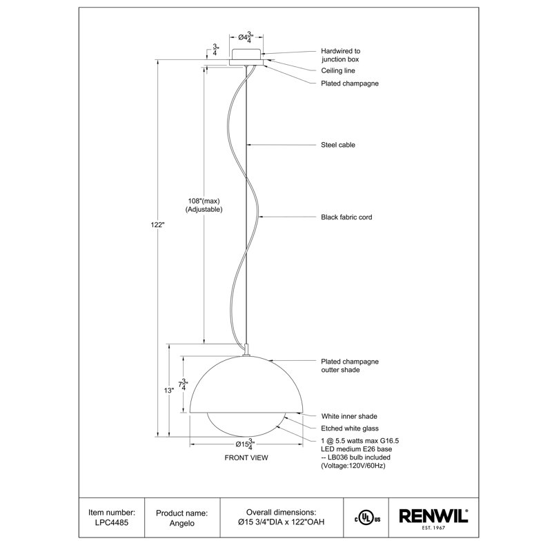 Antonio 1 - Light Pendant by Renwil, Gold