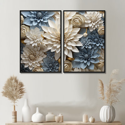 «Simplicity Mums Bloom» en beige et bleu pâle II - art mural grand maman