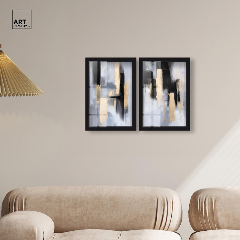 Ensemble de 2 panneaux luxueux à motif abstrait bleu , Noir, H 16 po x l 11 po