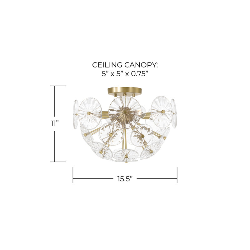 15.5" W x 11" H 4-Light Starburst Semi Flush in Matte Brass with Patterned Glass Petals