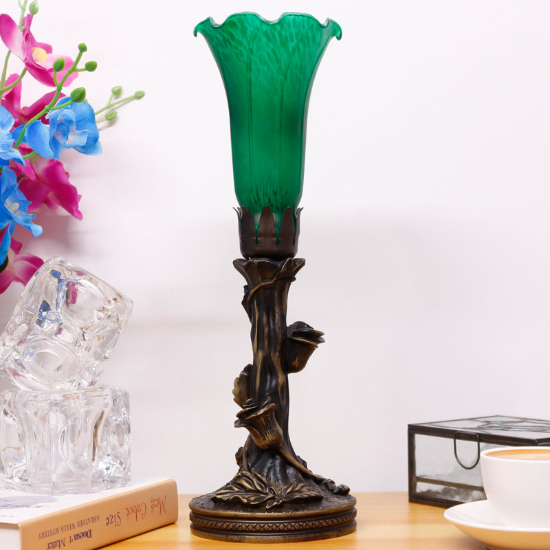 Green Glass Tulip Flower Accent Desk Lamp with Resin Base