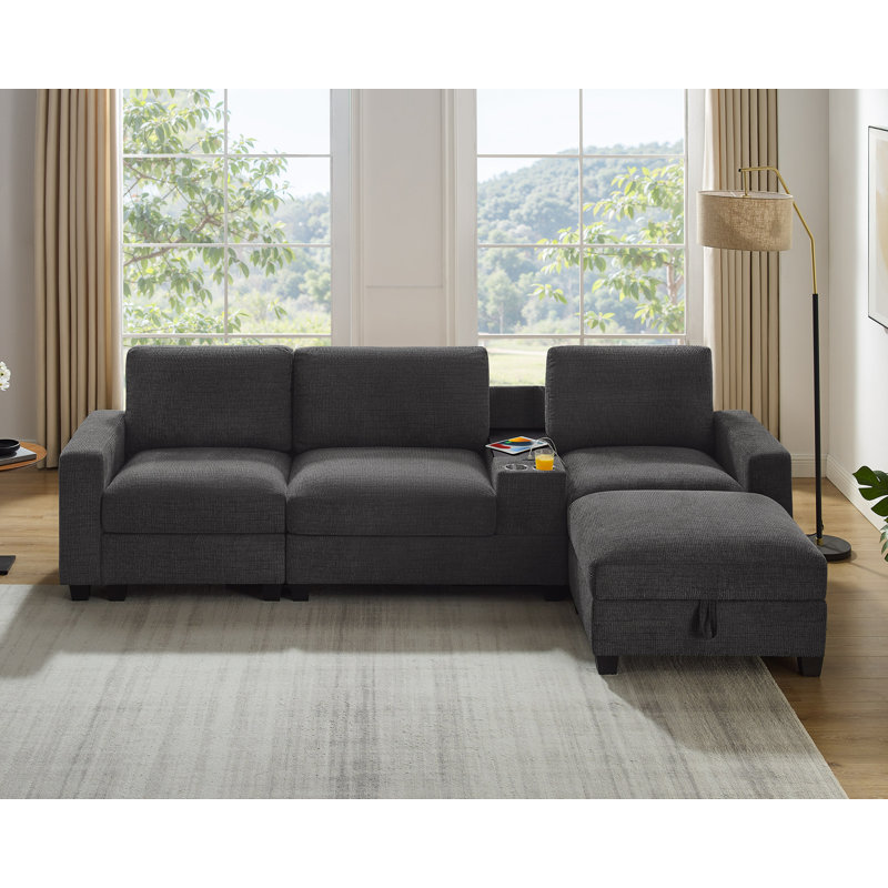 Canapé modulaire convertible 118,11 po avec console et repose-pieds avec rangement, Chenille grise foncée