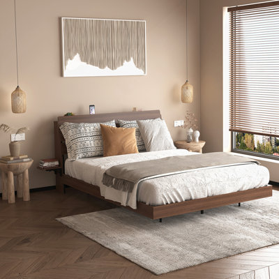 Floating Bed Frame Queen With LED Lights, Charging Station, And Storage Headboard, No Box Spring Required, Easy Assembly, Walnut