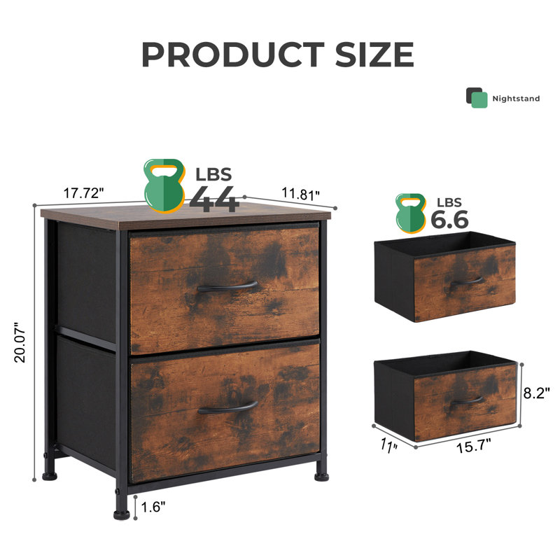 20" Height 2 Drawers Nightstand Bedside End Table with Metal Frame, Brown