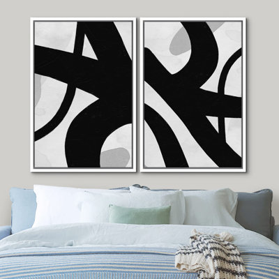 Courbes de peinture noires et grises, collage, formes abstraites, groupe minimaliste moderne, détente, calme, 2 pièces