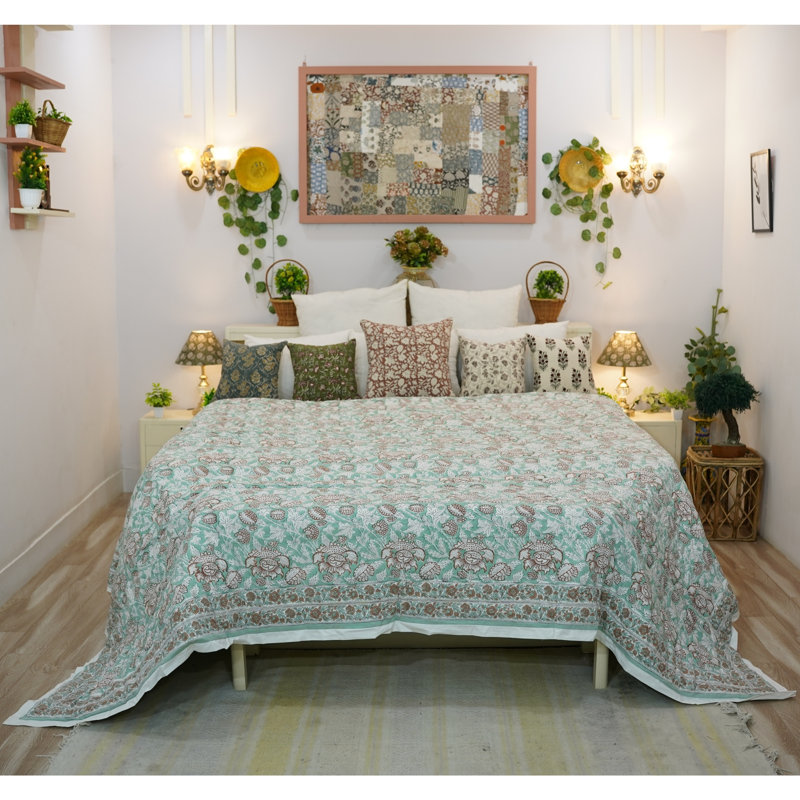 Literie bohème de luxe à motif floral en tissu imprimé Fab Fabine pour chambre et canapé, King Us, Bleu/blanc/rose