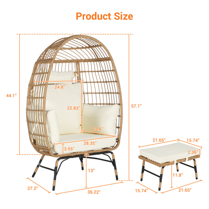 Fauteuil à œufs en osier, fauteuil à œufs en rotin intérieur / extérieur, grands fauteuils à gros œufs de 600 lb avec repose-pieds et coussins épais