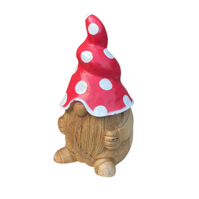 Garden Gnome Statue with Red Mushroom Hat – Solid Teak Wood, Hand-Carved & Hand-Painted