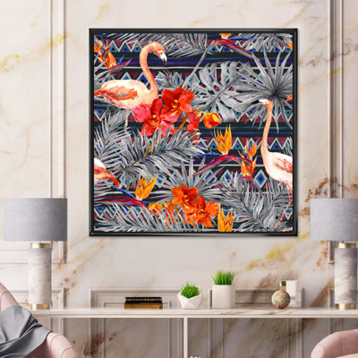 Flamant rose et fleurs exotiques oranges - peinture sur toile