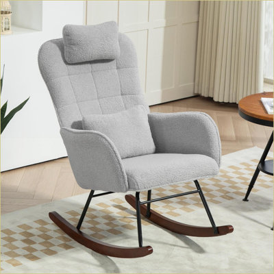 Chaises berçantes, fauteuil à bascule moderne avec appui-tête et amp; Coussin lombaire, structure en acier avec base en bois de hêtre, gris clair | Polyester | Faux sherpa