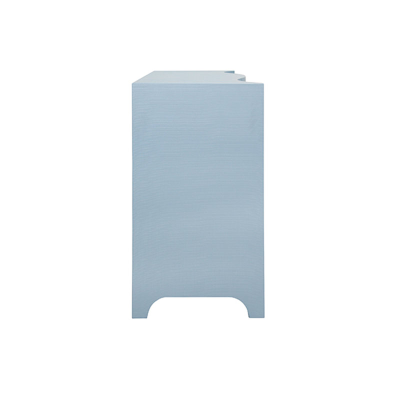Curved Front Two Door Three Drawer Buffet In Textured Light Blue Linen With Satin Brass Ring Hardware, Textured Light Blue