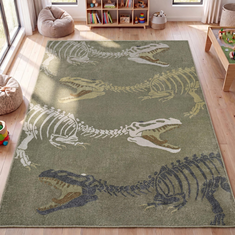 Kingdarr T-Rex Modern Kids Machine-Washable Rug, Rectangle 2'11" x 4'11", Green/Multi