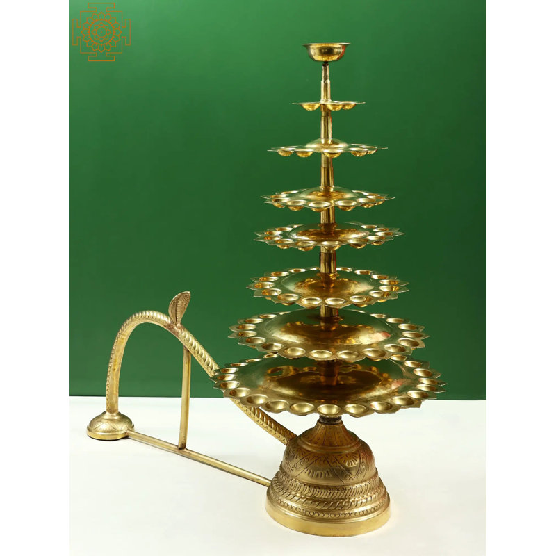 Grande lampe 33 po Aarti à plusieurs niveaux en laiton faite à la main - Gitan Aarti Ritual Diya avec récipient Dhup