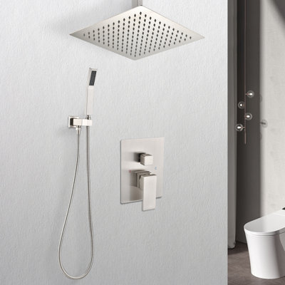 Ceiling Mounted 16" Shower Head And Handheld - Brushed Nickel, Brass Made & Handheld, Nickel Finish
