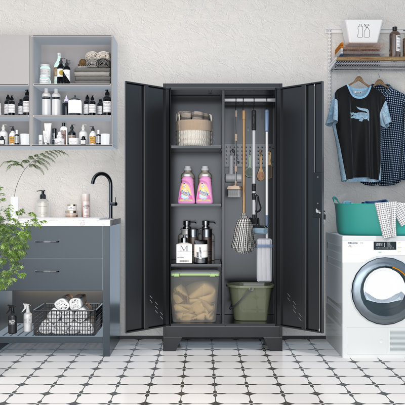 61" Tall Garage with Hanging Rod, Metal Storage Cabinet with Locking Doors, Broom Closet, Freestanding Bathroom Storage Cabinet, Cleaning Tool,Black