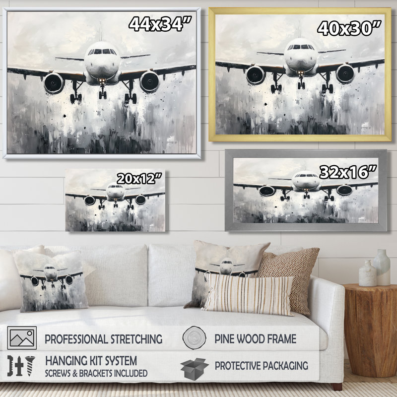 Aquarelle, avion, atterrissage sur la piste III - impression murale, H 30 po x l 40 po, Argent argent