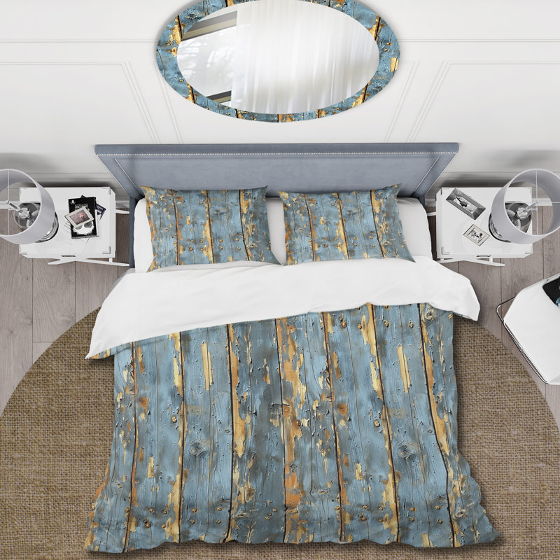 Ensemble de housse de couette Farmhouse, Housse de couette très grand + 2 taies décorativ, Blue/Gold Barn Wood II