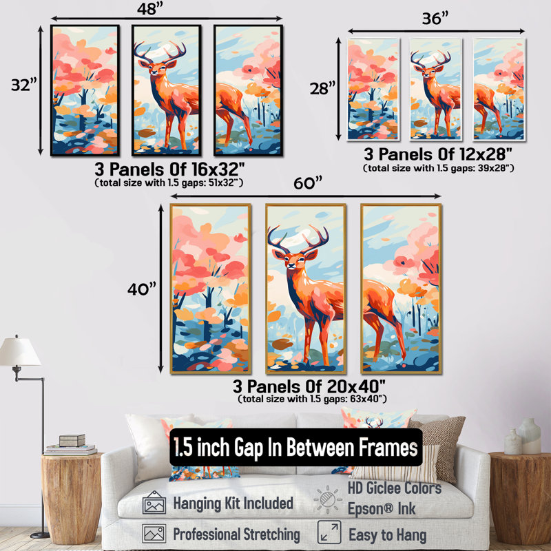 Art floral mural, cerf et rose II, Cadre flottant brun, H 28 po x l 36 po