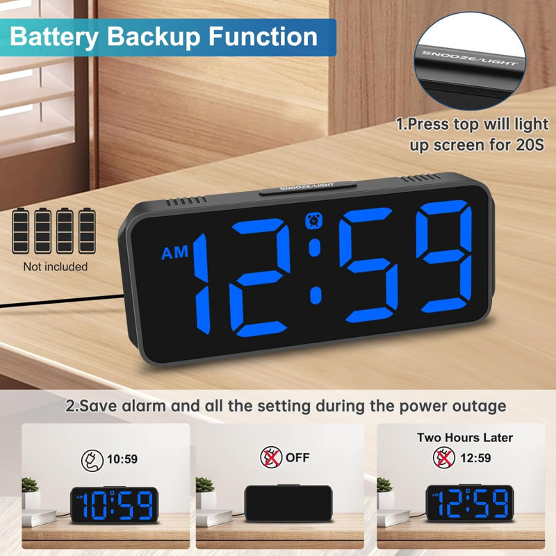 Small Digital Alarm Clock Plug In For Bedrooms Bedside, Tiny Electric Clock Large Big Numbers Display With Battery Backup For Desk Table, 6 Dimmers, 5 Adjustable Alarm Volumes (Blue)