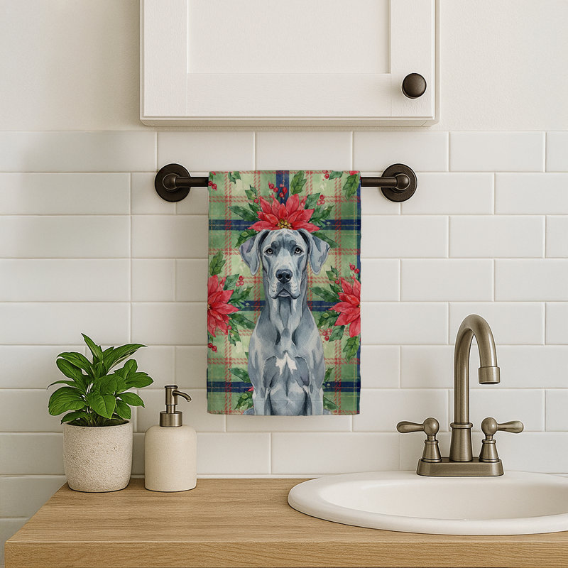 Blue Great Dane Christmas PoinsettIas Kitchen Towel, Blue Great Dane