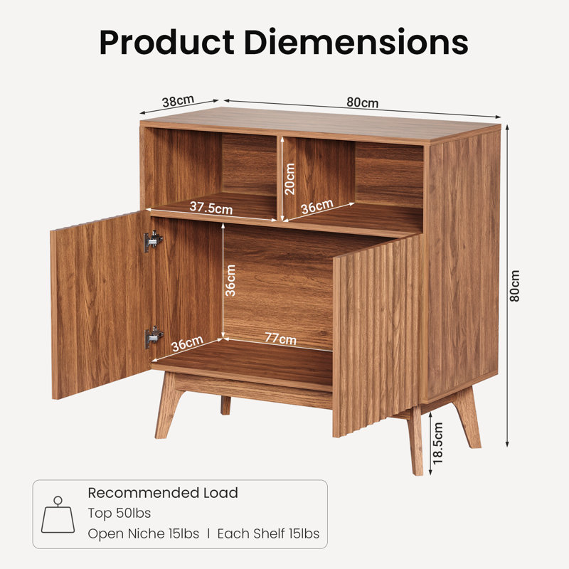 80cm Compact Small Sideboard, Ribbed Door Storage Cabinet, Walnut