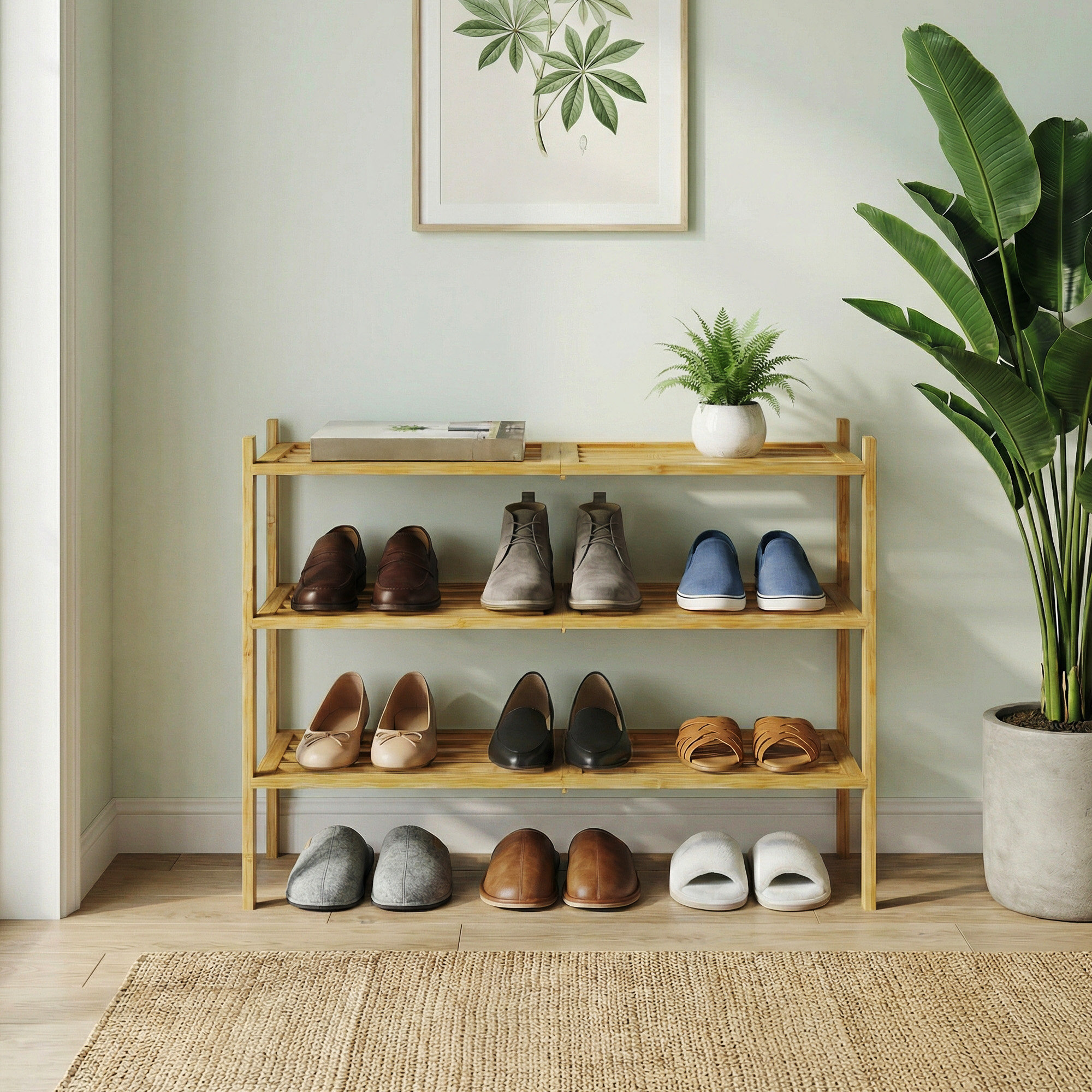 Bamboo Shoe Rack For Closet, Stackable Shoe Oragnizer - Natural, 20.2'' H X 27.5'' W X 9.8'' D