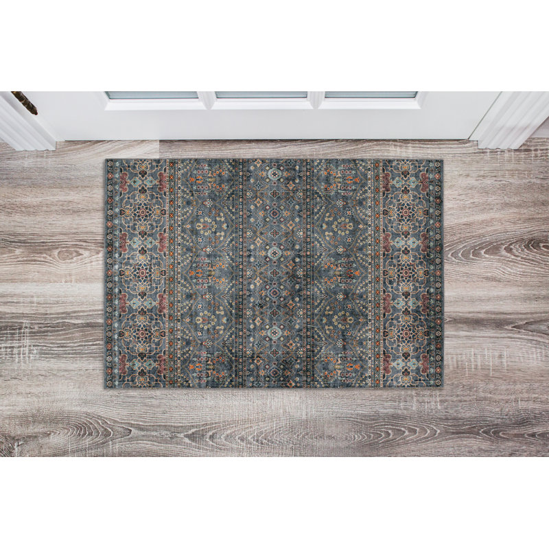 Aspers Machine Washable Teal and Ivory Area Rug, Rectangle 2' x 3'