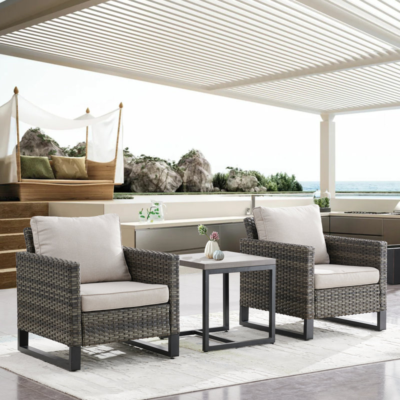 Braxley Wicker 2 - Person Patio Conversation Set with Cushions, Gray, Beige