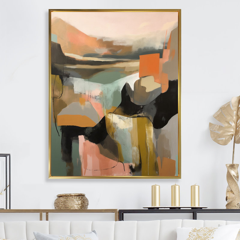 «Green and Beige Transcendant Reality II», peinture abstraite sur toile, H 32 po x l 16 po x P 1 po, Cadre flottant doré