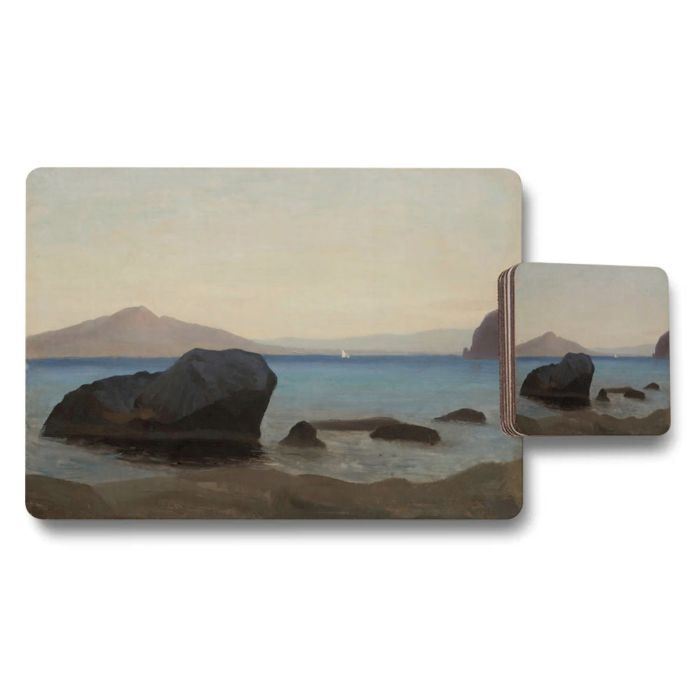 Coastal Seascape Placemat And Coaster Set With Rocky Beach Print