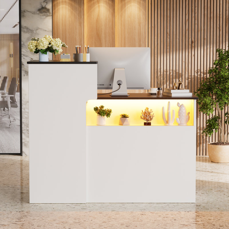Treesunshine Reception Desk with Lights & Display Shelf, 120cm Reception Counter with Drawer, Cupboards, Keyboard Tray