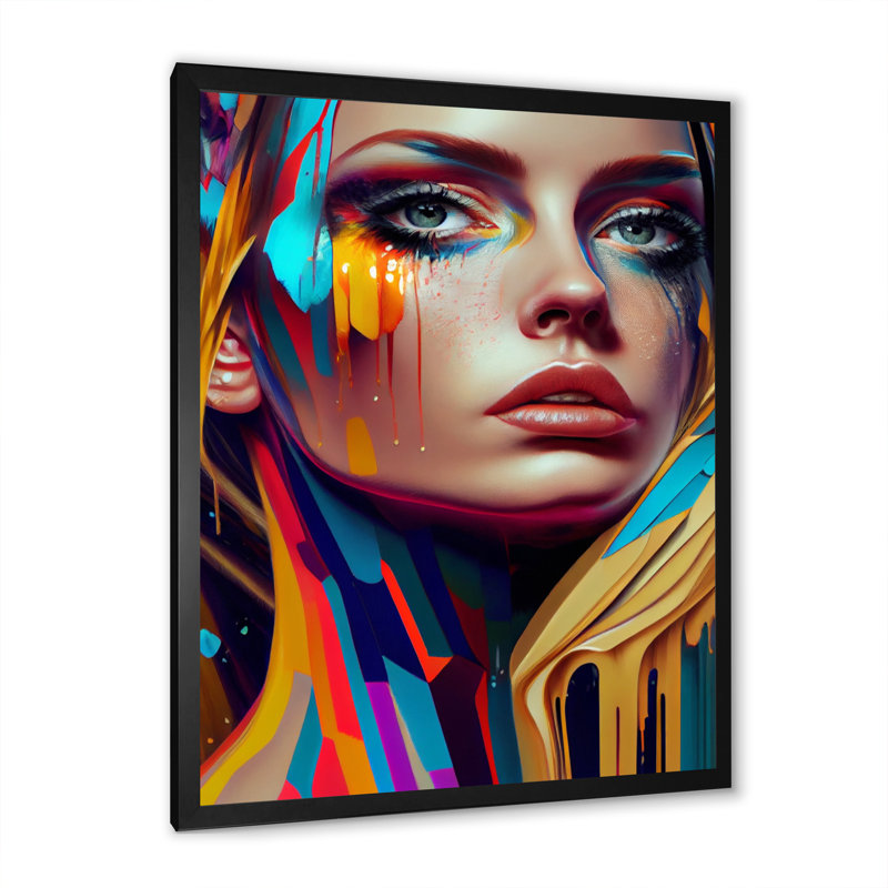 Portrait de femme vibrante et vibrante - Impression sur toile, H 20 po x l 12 po x P 1 po, Cadre photo noir