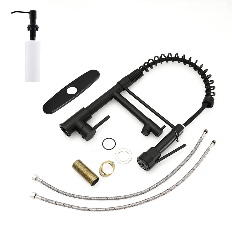 Kitchen Sink Faucet With Soap Dispenser And Pull Down , 304 Stainless Steel, Black, Single Hole, Handle, Deck Plate Commercial