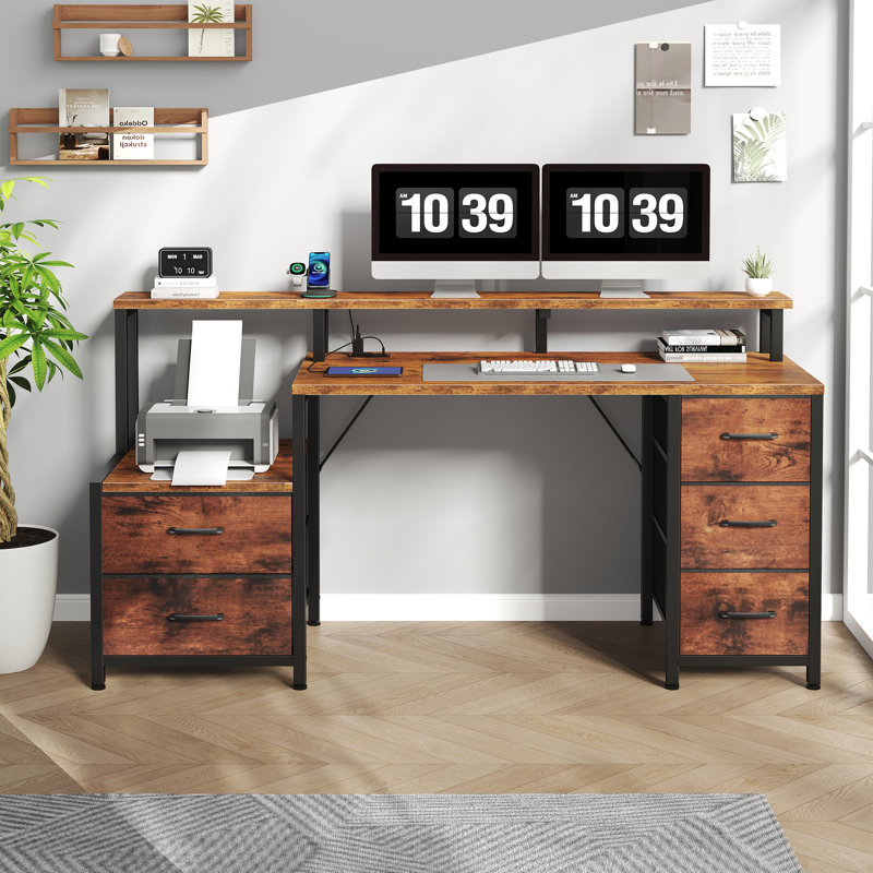 67'' Computer Desk with 4 Drawer, Printer Cabinet and Power Outlet, Rustic Brown