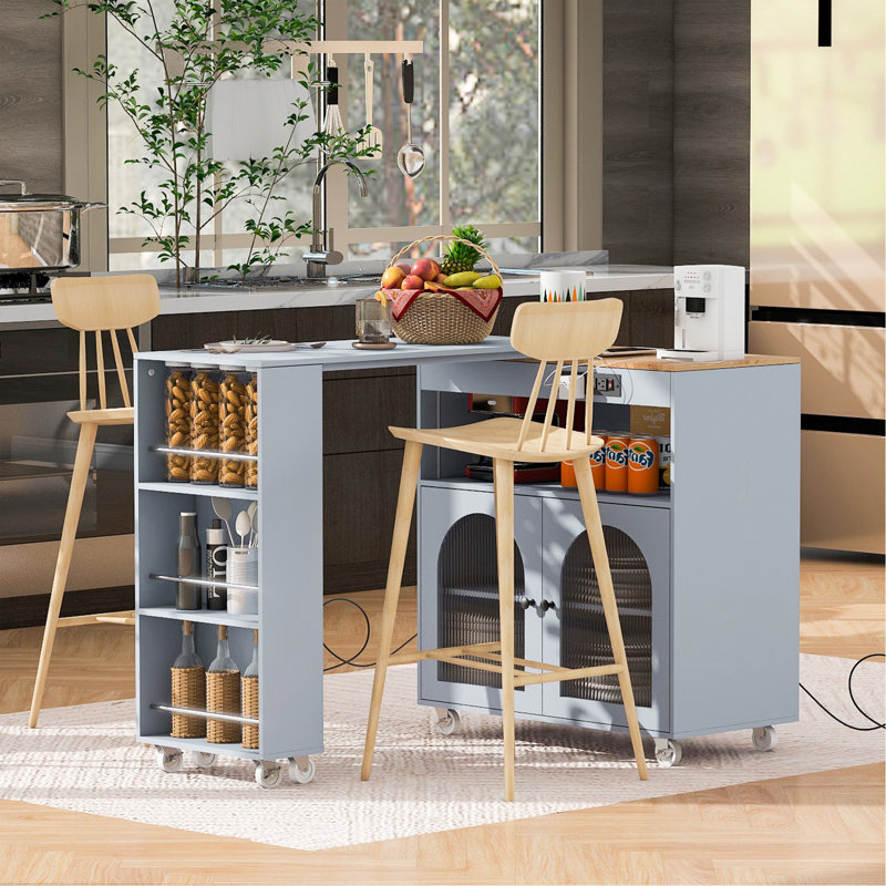 Îlot de cuisine roulant avec table allongée, îlot de cuisine sur roulettes avec lumières DEL, prises de courant et 2 portes en verre cannelé, îlot de cuisine avec compartiment de rangement et 3 tablettes ouvertes latérales
