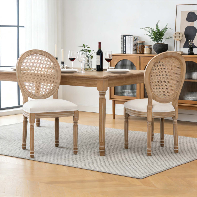 Chaises de salle à manger de style campagnard, structure en bois massif, assise rembourrée en lin et dossier en rotin tressé, ensemble de 2, pour un confort et un style optimaux (Chaise seule)