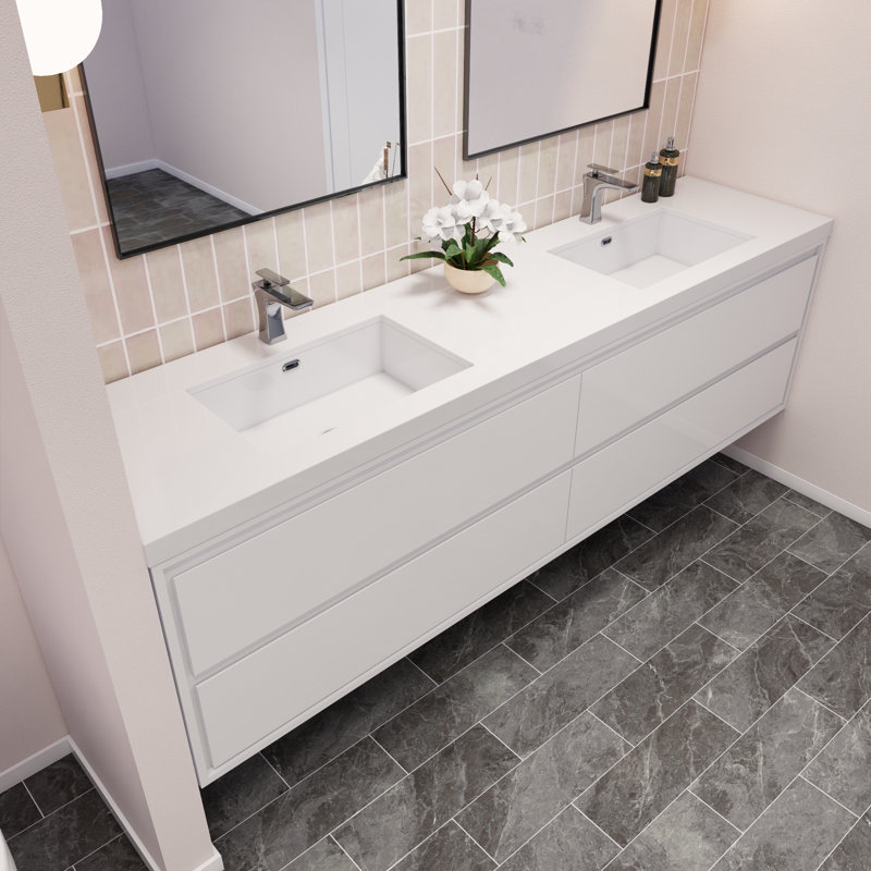 Azden 84" Wall-Mounted Double Bathroom Vanity Set, High Gloss White