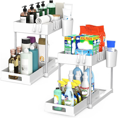 Rangement sous l'évier - Blanc perle, paquet de 2 - Tablettes coulissantes robustes à grande capacité avec tiroirs coulissants pour armoires de cuisine et de salle de bain