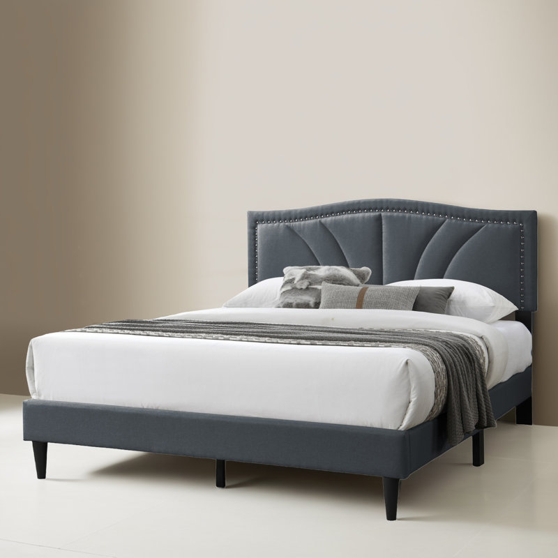 Queen Size Upholstered Platform Bed Frame, Charcoal