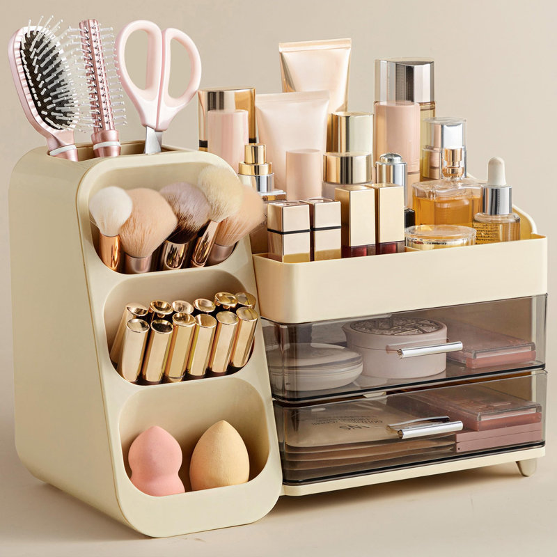 Organisateur de maquillage avec porte-brosse pour meuble-lavabo, grand rangement en plastique pour comptoir de salle de bain