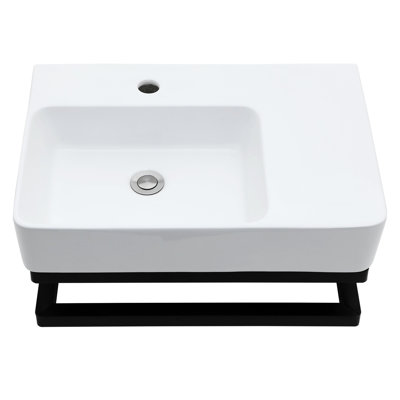 Wall - Mounted Rectangular White Ceramic Bathroom Sink 23.13"X16.5" With Black 304 Stainless Steel Towel Bar, Floating Installation For Floor Space Maximization Bar And Faucet Hole, Fit Commercial
