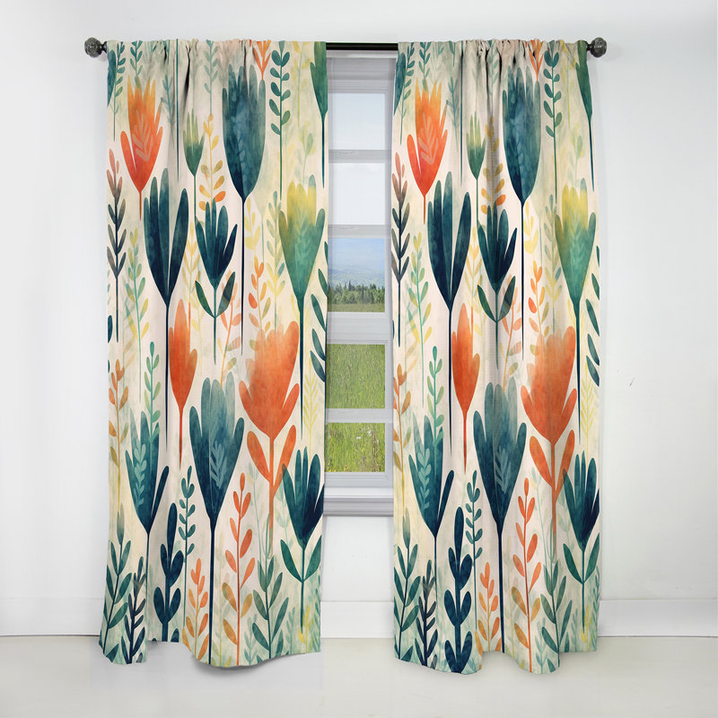 Motif floral scandinave bleu sarcelle - Rideau abstrait - Rideau occultant - 1 panneau, L 52 po x L 90 po