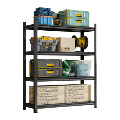 4 Height-Adjustable Metal Storage Rack, 63" H, 45.15" W, 17.7" D, Black, Stable & Strong, 1600 Lbs Total Capacity, Quick Installation Vertical Adjustable Tall, Wide, Deep, Spacious, Supports 400 Per