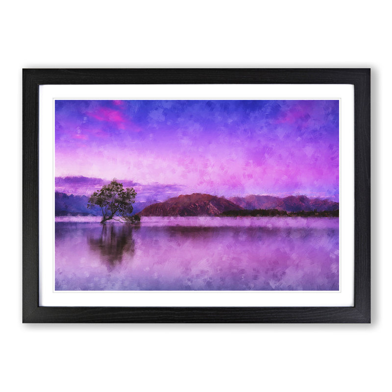 Lone Tree Under a Purple Sunrise - Picture Frame Graphic Art Print, 62cm H x 87cm W x 2cm D, Black Framed