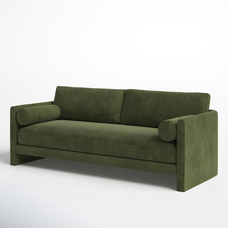 Distressed Green Velvet 90.5'' Upholstered Sofa with Bolster Pillows