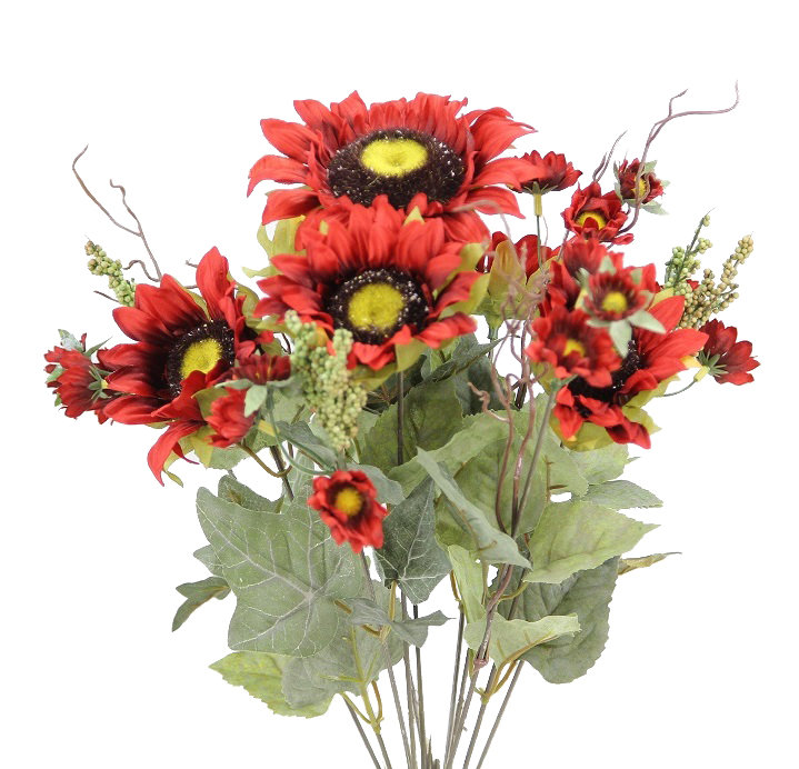11 tournesols artificiels, Rouge brique, H 18,5 po x l 16 po x P 6 po